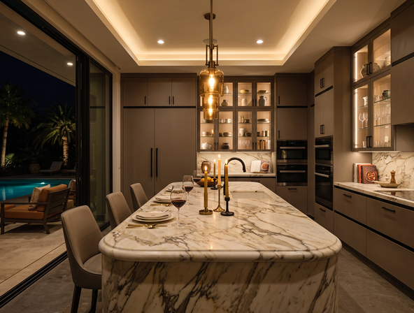 Key Biscayne Villa Curved Quartzite Kitchen