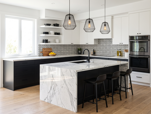 Coconut Grove High-Contrast Charcoal & Calacatta Quartz Kitchen